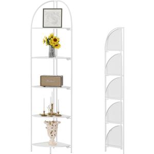 Crofy Foldable 5 Tier Corner Shelf, Metal Corner Plant Stand with White Frame and White Shelves, Corner Display Rack Multipurpose Shelving Unit for Living Room, Bedroom, Bathroom (White Frame & White Shelf)