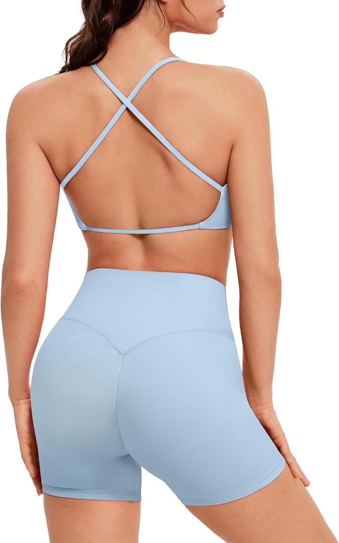 OMKAGI Workout Sets for Women Open Back Strappy Sports Bra Booty Biker Shorts Gym Outfits (Small, Baby Blue)