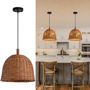 Rattan Pendant Light 13.8" Hand Weaving Wicker Dining Room Light 3-Light Boho Bracket Hanging Chandelier Fixture for Living Room Bedroom Kitchen Island Entry Hallway Farmhouse, 13.81in