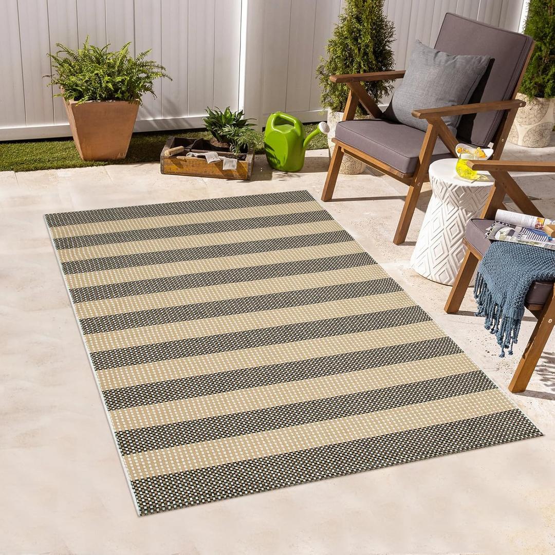 Black and Tan Boho Striped Rugs, 3x5 Rug Outdoor Front Door Mat Hand Woven Washable Rugs for Entryway, Foldable Front Porch Rug for Kitchen/Home Entrance/Farmhouse