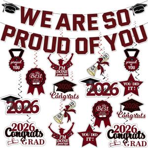 Pre-Strung Red and Black Glitter We are So Proud of You Graduation Banners, 2026 Graduation Hanging Swirls for Congratulation Graduations Party Supplies