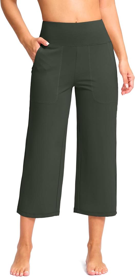 Women's Wide Leg Capri Pants with Pockets Tummy Control High Waist Yoga Dress Crop Pants for Women(Dark Green, L)