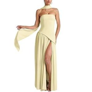 ABINGOO Women Strapless Patchwork Maxi Dress Sexy High Slit Tube Top Party Club with Scarf Long Prom Wedding Guest Dresses(Yellow,S)