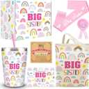 7 Pcs Big Sister Gifts for Girls, New Sister Gifts with 12 Oz Pink Sister Tumbler Mug, Canvas Tote Bag, Big Sister Bracelet, Big Sister Satin Sash, Badge Pin and Greeting Card for Little Girls