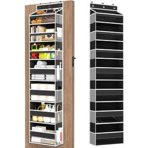 Mefirt Over The Door Organizer, 7 Tier Door Hanging Organizers with 7 Large Pockets 12 Side Pockets, Behind Door Storage Hanging Shelves for Closet Bathroom Bedroom Nursery (Black)