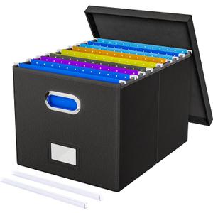 Oterri File Organizer Box with Lid - Portable Hanging File Box for Letter/Legal Files, Office/Decor/Home, 1 Pack, Black Leather