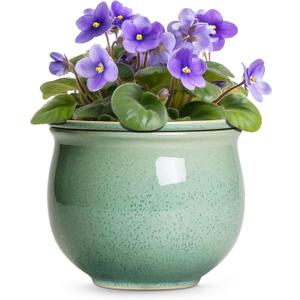 Ceramic Self Watering Planter, 8 Inch African Violet Pots, Green