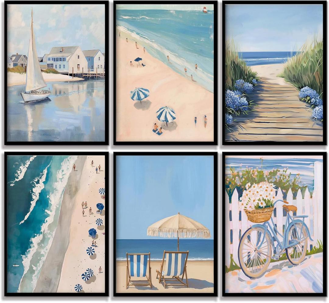 6pcs Coastal Canvas Wall Art Blue Beach Hydrangea Themed Posters Prints Sailboat Bike Flowers beach umbrellas Pictures Wall Decor Ocean View Paintings for Dormitory Apartment Home Decor Unframed, 10"L x 8"W