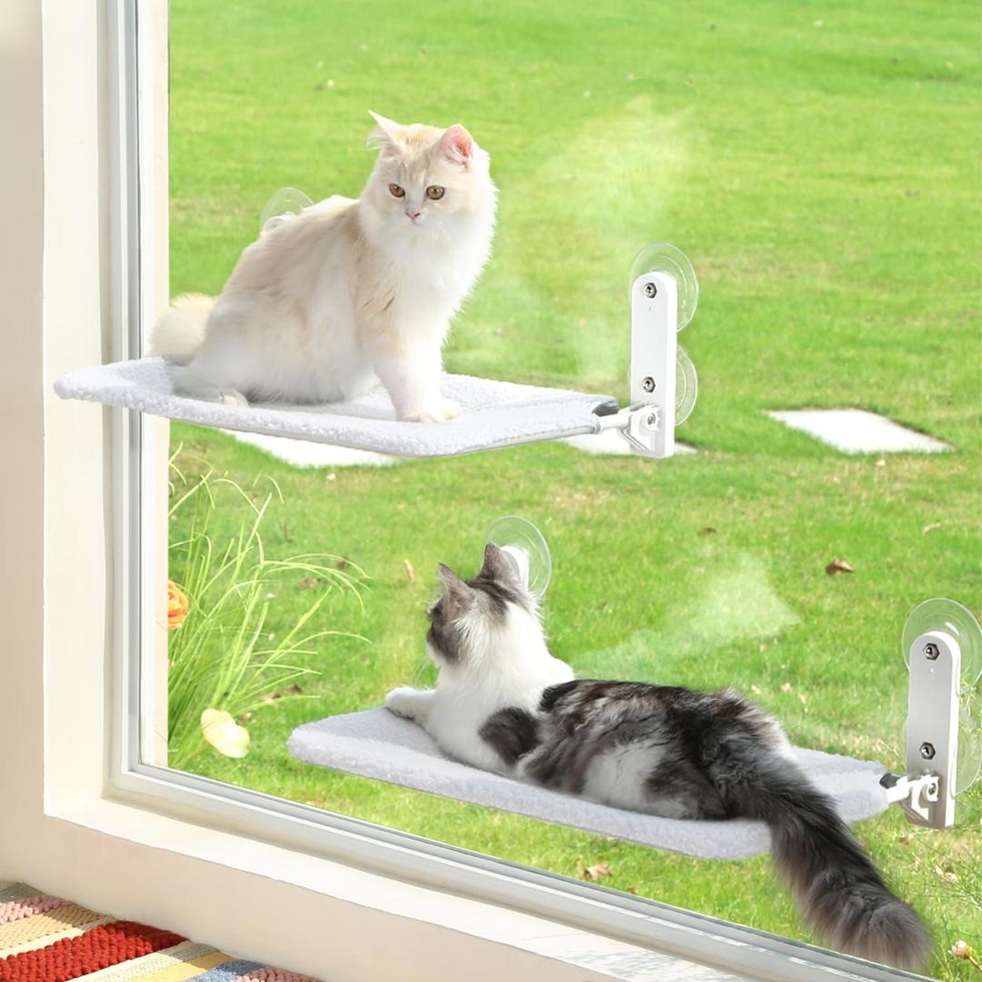 2PC Easy Fold Cat Window Perch - Cordless, Fold-Up, Zip Closure Embeded Machine Washable Bed Cover, Robust Metal Frame - Cat Hammock for Window for Large Cats and Kittens(White, Large, 2PC) (23.0"L x 12.0"W x 7.0"Th)