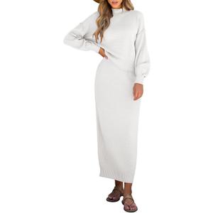 Caracilia 2 Piece Skirt Set for Women Sweater Dress Long Sleeve Oversized Tops Matching Maxi Skirts 2025 Fall Outfits Clothes Small (White)