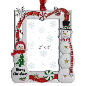 2025 Christmas Ornaments 9 x 7 inch Picture Frame Metal Hanging Pendant for Tree Small Decorative Keepsake, Display Photo for Baby and Pet Snowman