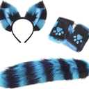 Cat Wolf Fox Tail Faux Fur Ear Headband Paw Gloves Set for Adult Children Halloween Xmas Fancy Party Cosplay Costume for Kids (Blue-black)