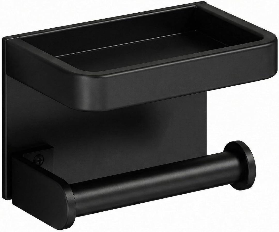Toilet Paper Roll Holder with Phone Shelf, Adhesive or Screw Aluminum Tissue Roll Holder Wall Mount, Rustproof for Bathroom,Washroom Black