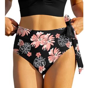 ZAFUL Women High Waisted Bikini Bottoms Ruched Swimsuit Bottom Tummy Control Bathing Suit Bottoms (L, 99-floral Black)