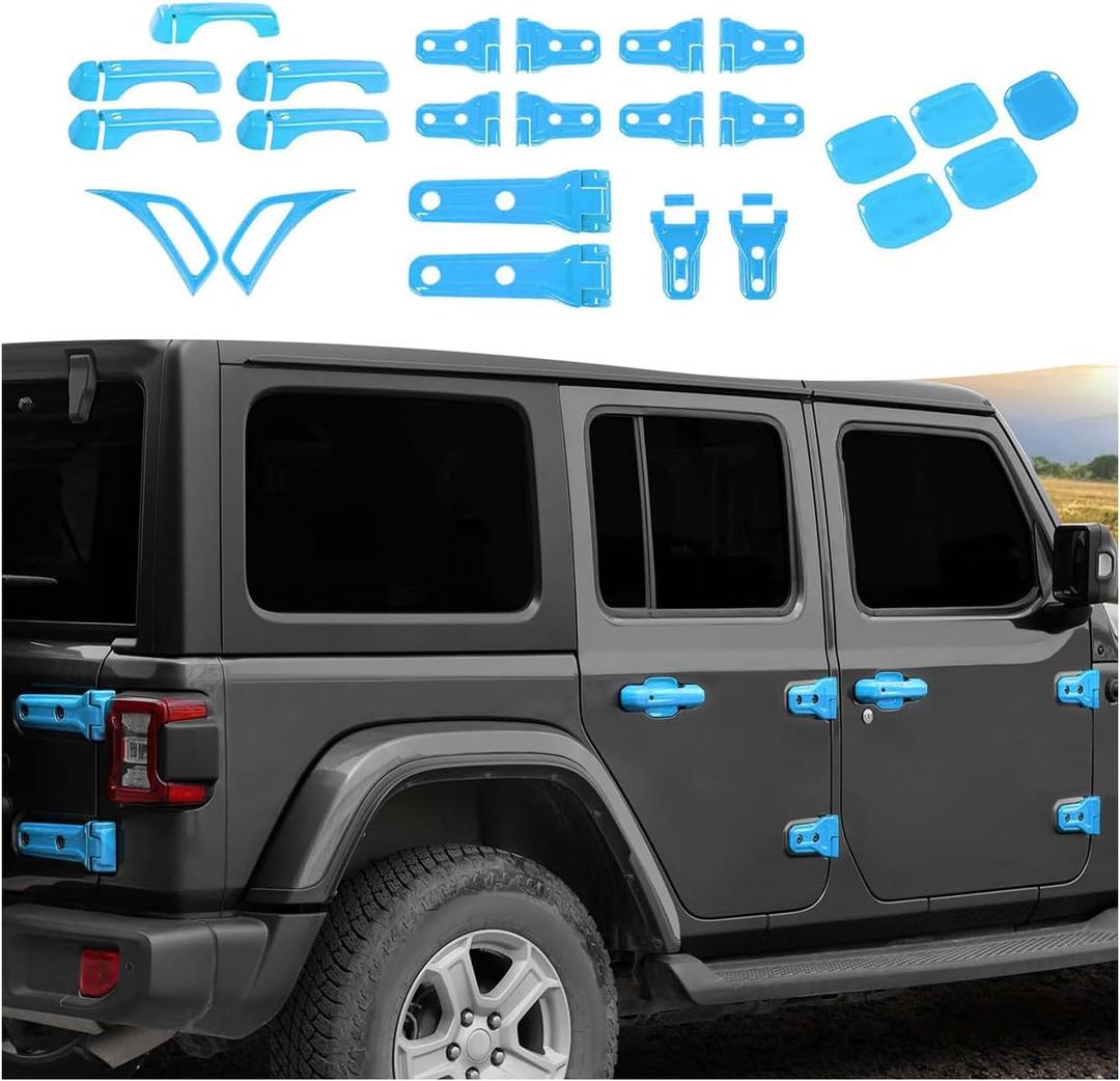 24PCS Full Set Exterior Decoration Trim Kit Fit for 2018-2026 Jeep Wrangler JL JLU 2/4 Doors, Door & Hood Hinge Covers Door Handle Side Vent Tailgate Hinge Cover Trim(Light Blue)