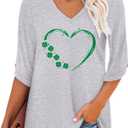 KISSMODA Tops for Women 3/4 Length Sleeves Loose V-Neck Boho T-Shirts Casual Sleeve Tunic Blouses Green Heart Clover 3XL