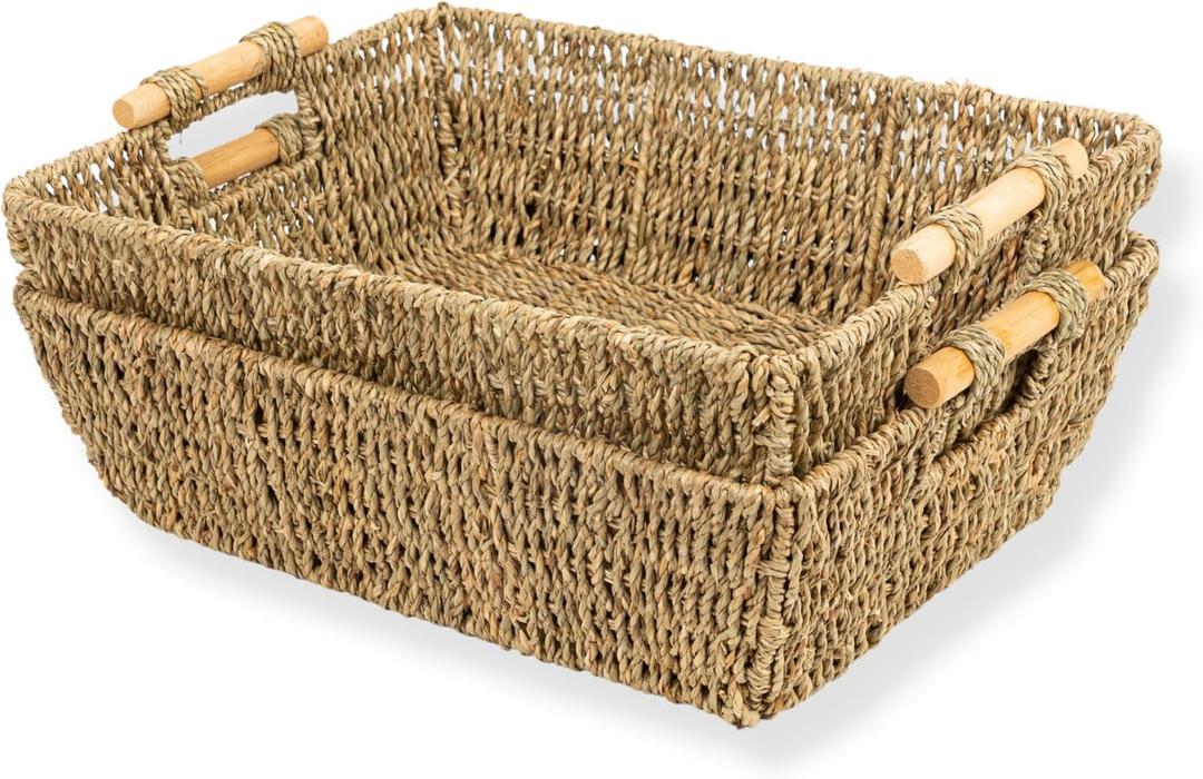 Wicker Storage Baskets for Shelves with Wooden Handles, Ella Seagrass Wicker Baskets for Shelves & Storage, Handwoven Seagrass & Water Hyacinth Baskets, Set of 2, Large, Natural