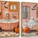 2Pcs Halloween Ghosts Canvas Wall Art Skeletons and ghosts in the bathtub Wall Decor Pictures Vintage pink Fall Pumpkins Posters Prints for Bathroom Gallery Home Decor Unframed