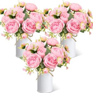 3 Sets Artificial Peonies Flower Peony Bouquet with Galvanized Metal Pot Silk Fake Peonies Faux Flower Arrangements for Wedding Table Centerpiece Party Home Room (Pink)