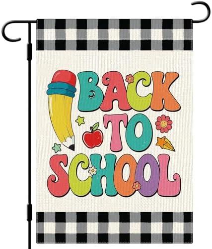 DLZDN Back to School Garden Flag Apple Pencil School First Day Flag 12×18 Inch Double Side Buffalo Plaid Farmhouse Yard Sign Fall Seasonal Outdoor House Decoration