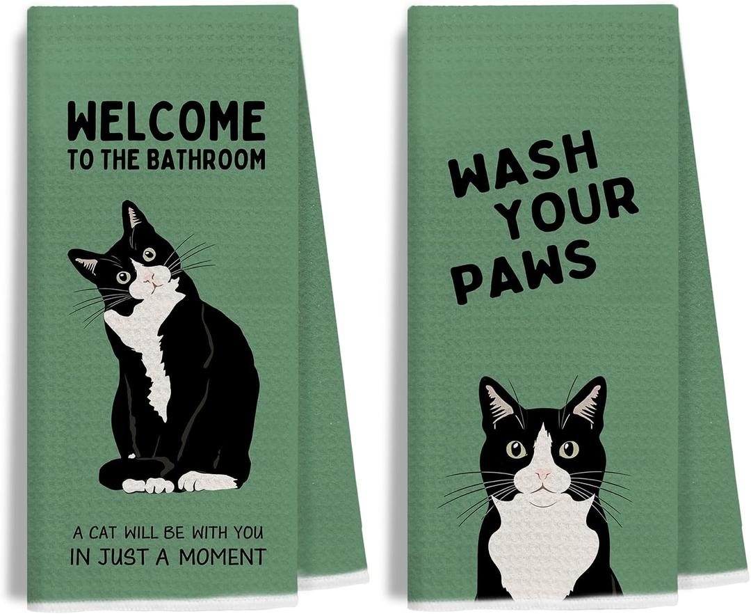 Retro Green Tuxedo Cat Bathroom Hand Towels, Cat Bathroom Decor, Black and White Kitty Kitten Hand Towels for Washroom Restroom, 16x24 Inches Set of 2