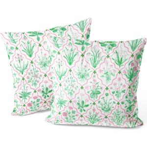 Pink and Green Floral Pillow Covers Home Bedroom Decor, Aesthetics Throw Pillowcase Cushion Cover for Bed Sofa Couch, 2 Sets, 18x18 Inch