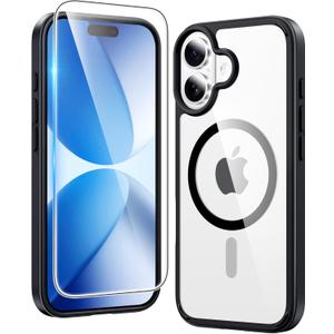 FNTCASE for iPhone 17 Case Clear: Magnetic Phone Cases with Screen Protector Drop Proof Compatible with Magsafe Slim Anti Yellowing Rugged Shockproof Protective Transparent Cell Cover (B-Black)