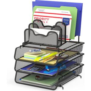 Simple Houseware 3-Tier Stackable Desk Organizer with 5 Compartments - Letter Tray and Step File Sorter, Black