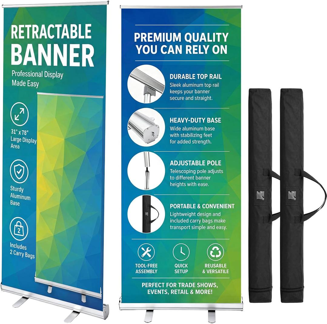 2 Pack 33 x 81 IN Retractable Roll-Up Banner Stand with Carrying Bag, Portable Aluminum Pop Up Display Banner Stand for Business, Trade Shows, Stores, Advertising, Events(Banners Not Included)