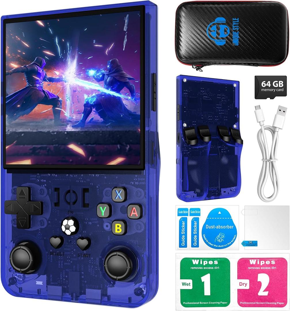 R36MAX Handheld Game Console, 2025 New Upgrade R36S Game Console, Portable Hand Held Open Source Linux System 4.0-in 4k HD IPS Screen Video Player (Blue-64GB)