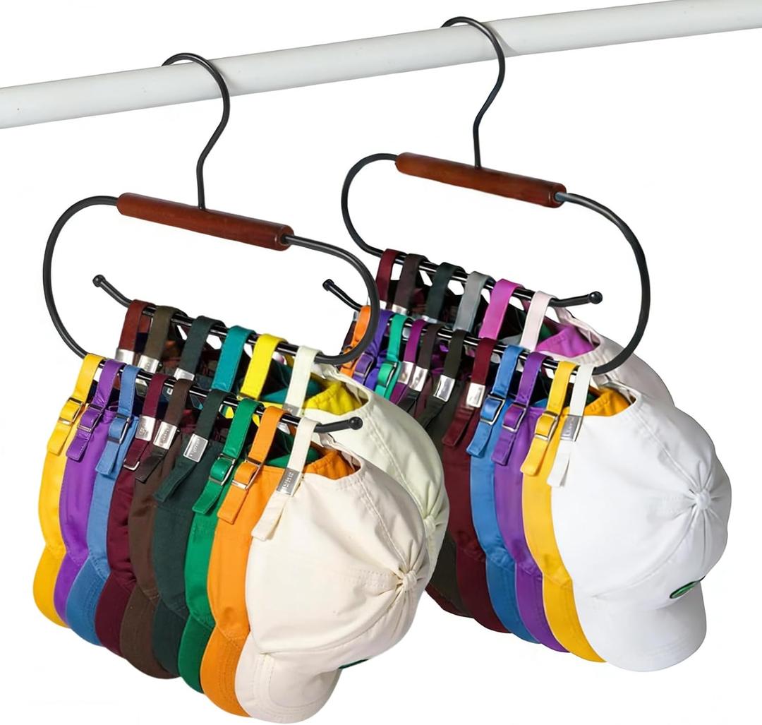 3 x Hat Hangers for Closet, Hat Hanger for Baseball Caps, Double-Layer Rotatable Space-Saving, Versatile Iron-Wood Hat Rack for Home & Dorm Storage, 2 Packs