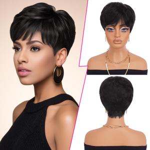 PEACOCO Pixie Cut Wig Human Hair Short Wigs for Black Women Natural Straight Glueless Pixie Wig with Bangs Layered Virgin Short Wigs for Women Black Color 1B (244)