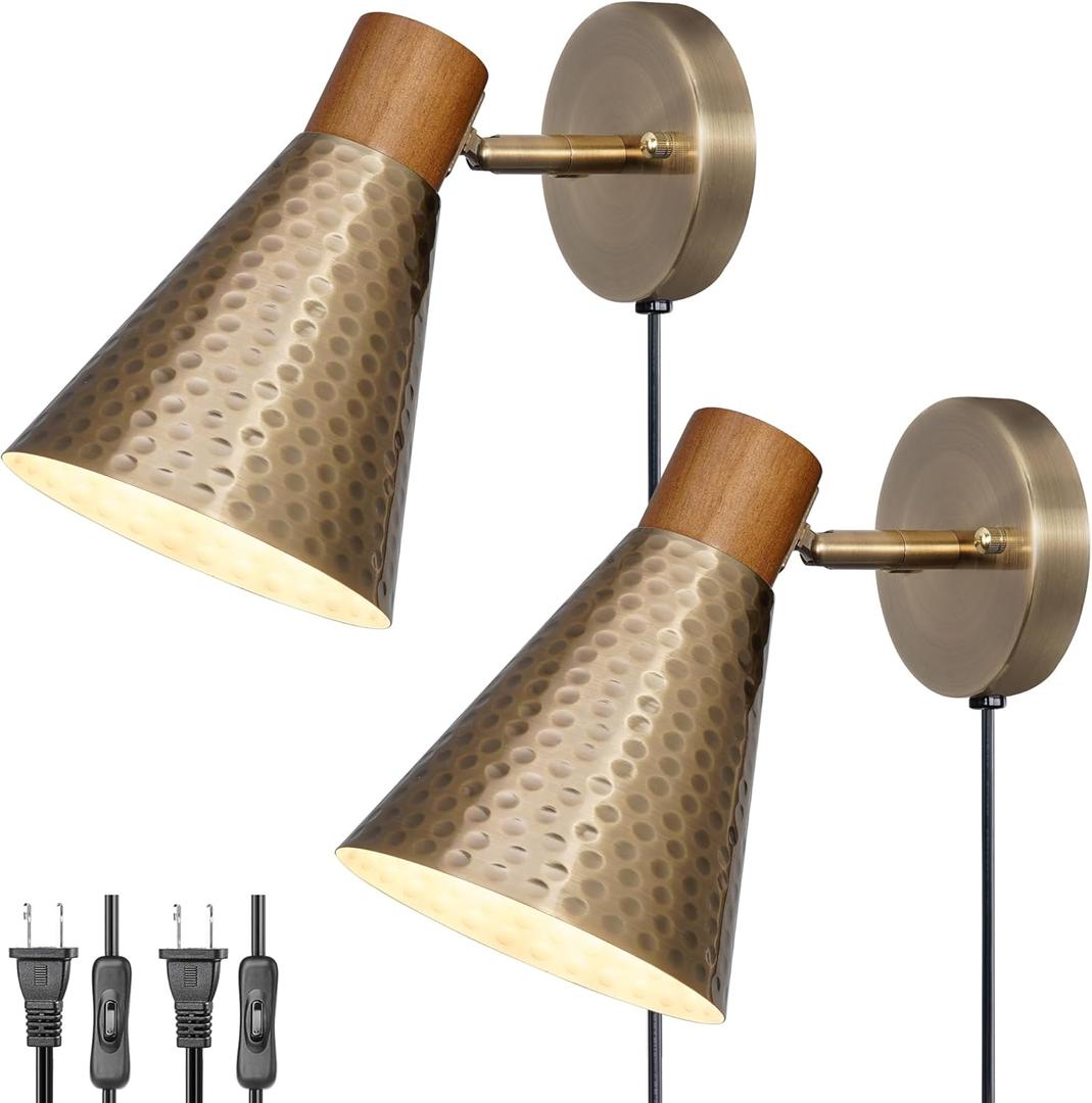 DSMJFU Gold Plug in Wall Sconces Set of 2, Modern Wall Lamp with Plug in Cord, Wooden Plug in Wall Light with Hammered Metal ShadeWall Mounted Lamp for Bedroom, Living Room, Hallway, Bathroom