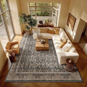 Washable 8x10 Area Rugs for Living Room, Boho Non-Slip Vintage Distress Large Rugs for Bedroom Dining Room Nursery Office, 0.3" Neutral Oriental Throw Thin Carpet, Black/Brown/Blue/Multi