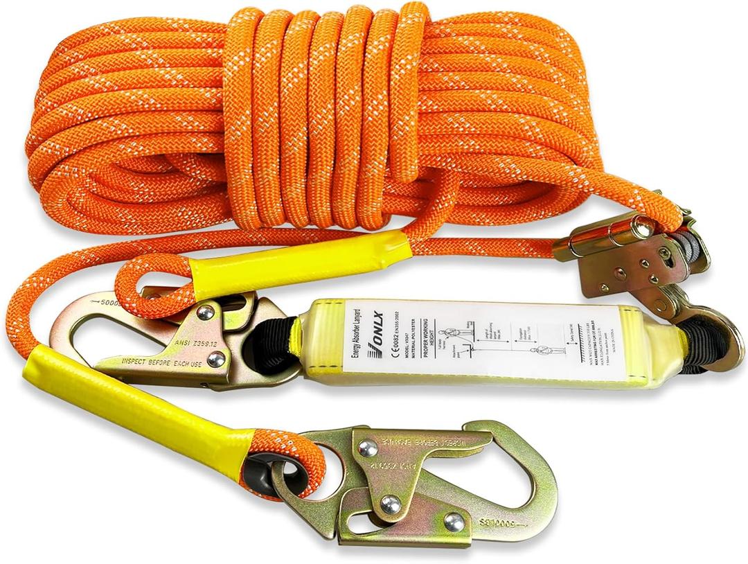 Fall Protection Safety Rope 100 FT Heavy Duty Vertical Roofing Rope with Alloy Steel Grab Snap Hooks Shock Absorber Fall Protection Tree Climbing Line Kit Tree Stand Safety Line Kit