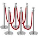 6Pack Silver Stanchion Post, 5 ft Red Velvet Rope Red Carpet Ropes and Poles, Stainless Steel Stanchions for Grand Opening Casino Theme Party Decorations Crowd Control Barriers