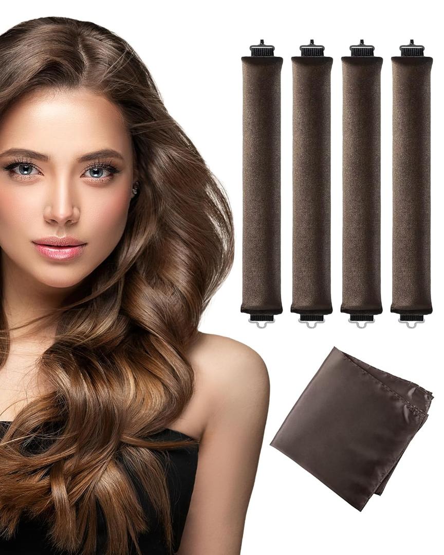 Heatless Curls Overnight Hair Curler - 4 Pcs Curling Rod to Sleep In, Velvet Hair Rollers with Satin Hair Scarf (Brown)
