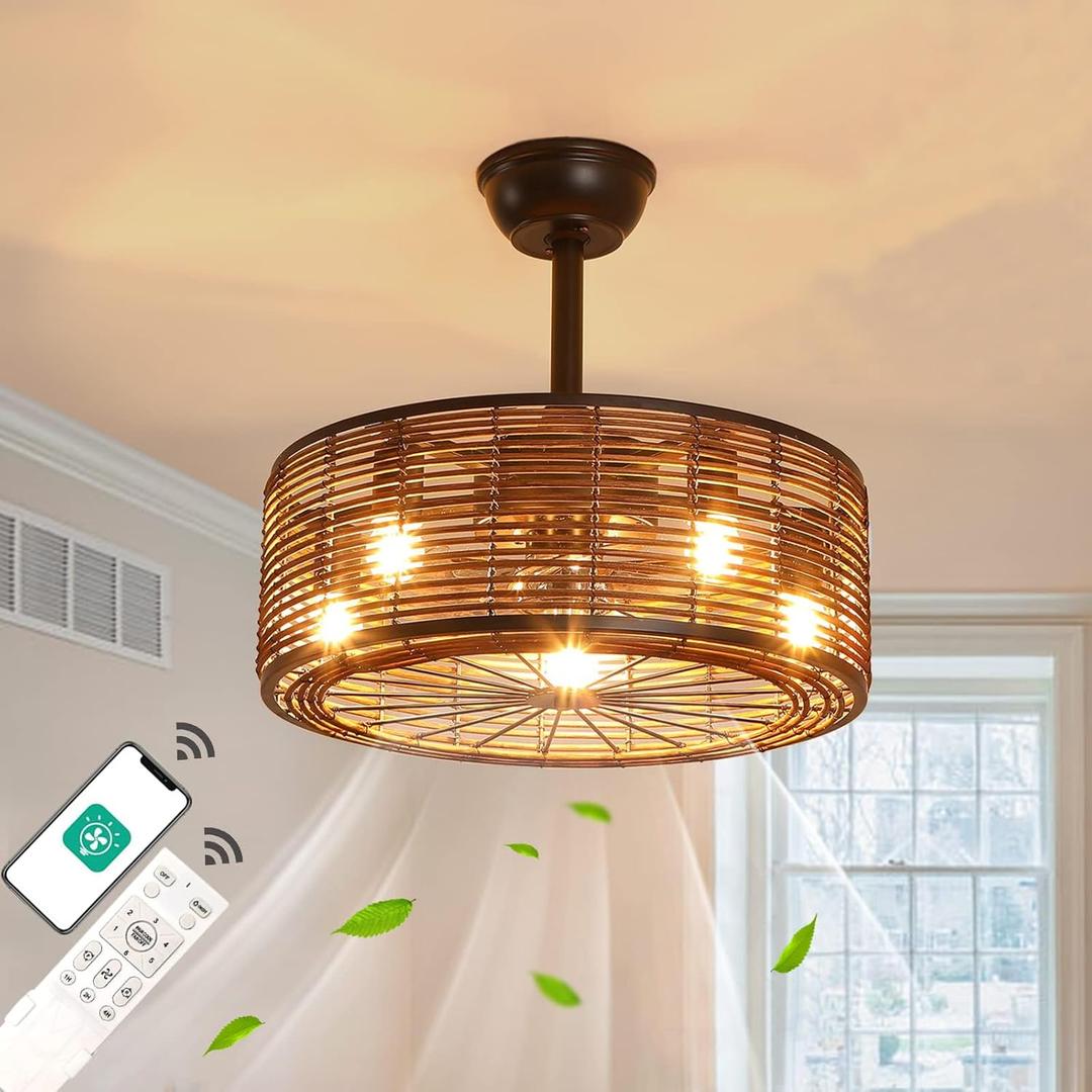 21" Boho Rattan Ceiling Fans with Lights,Flush Mount Caged Ceiling Fan with Remote Indoor,6 Speed, Timing, APP Remote Control,Includes 5 LED Bulbs for Bedroom,Kitchen,Living Room,Farmhouse