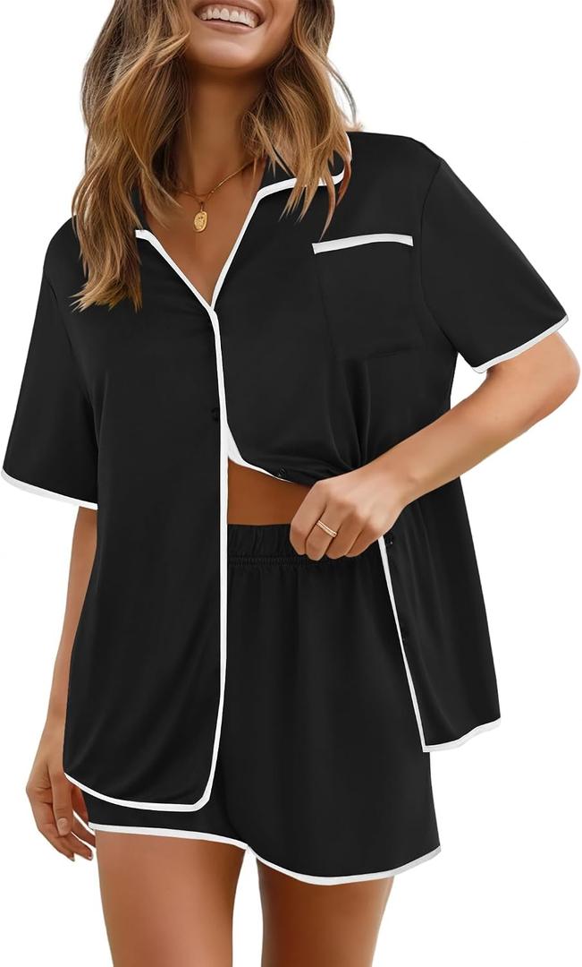 Ekouaer Pajamas Set for Women Short Sleeve Casual Sleepwear Button Down Pj Sets Shorts Soft Loungewear for Summer,S-XXL (Black, M)