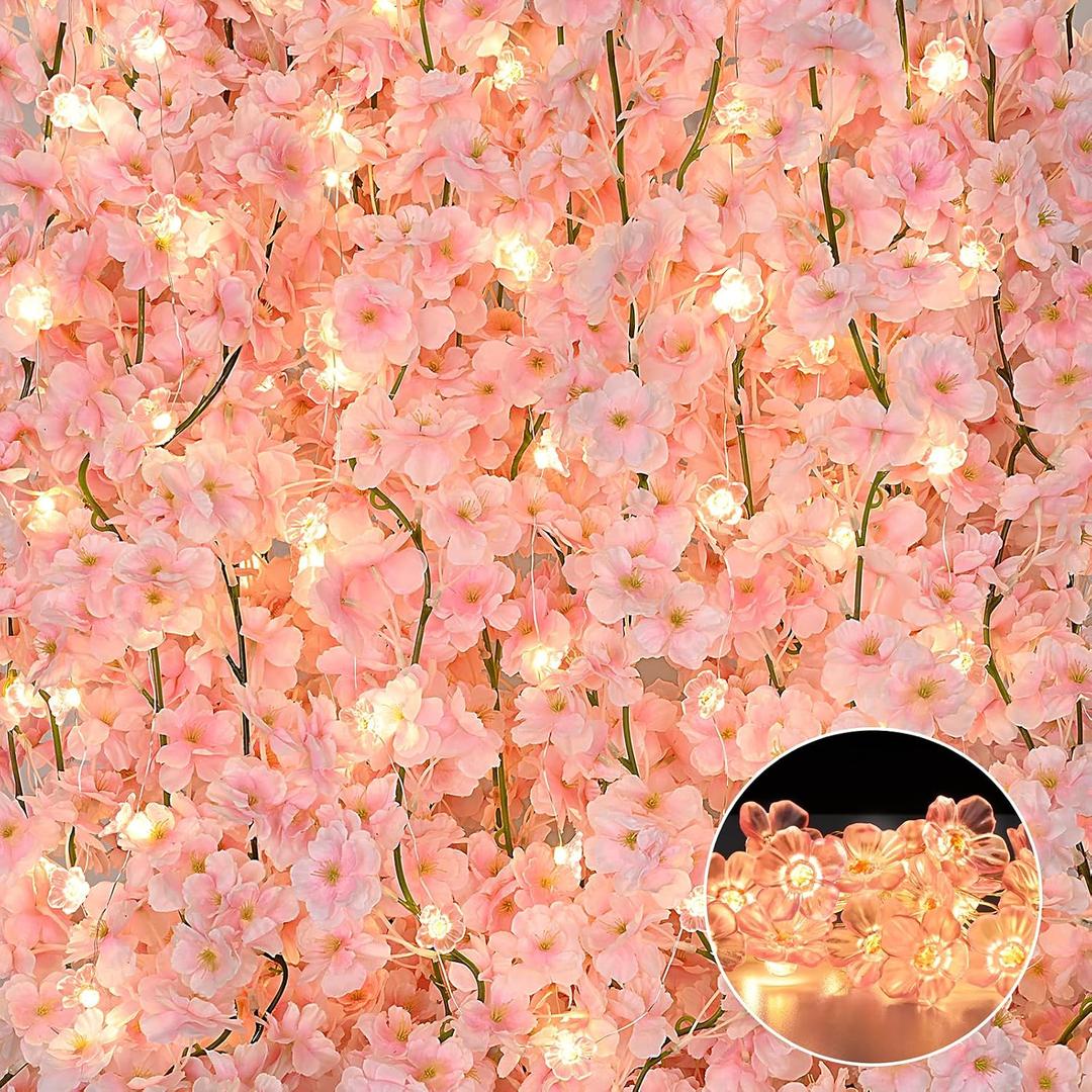 Sunm Boutique 12 Pcs 70.8 Ft Artificial Cherry Blossom Flowers, Faux Lighted Cherry Blossom Garlands, Fake Hanging Silk Flowers Garlands Vines for Home Wedding Party Decor, Pink