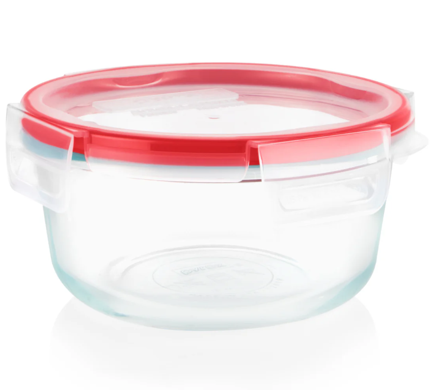 Pyrex Freshlock 4 Cup Round Food Storage Container: Glass Container with Lid, Oven & Microwave Safe, Clear/Red