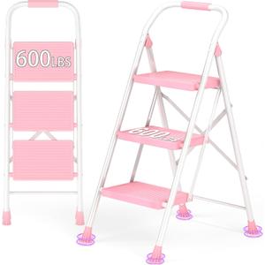 Step Ladder Foldable Folding Stool - for Home Adults Kitchen 3 Stepping Extension Tall Heavy Duty with Handrails - Closet Stepstool Stair Ladders Extendable Stepladder for Indoor House 600Lbs (White Pink)