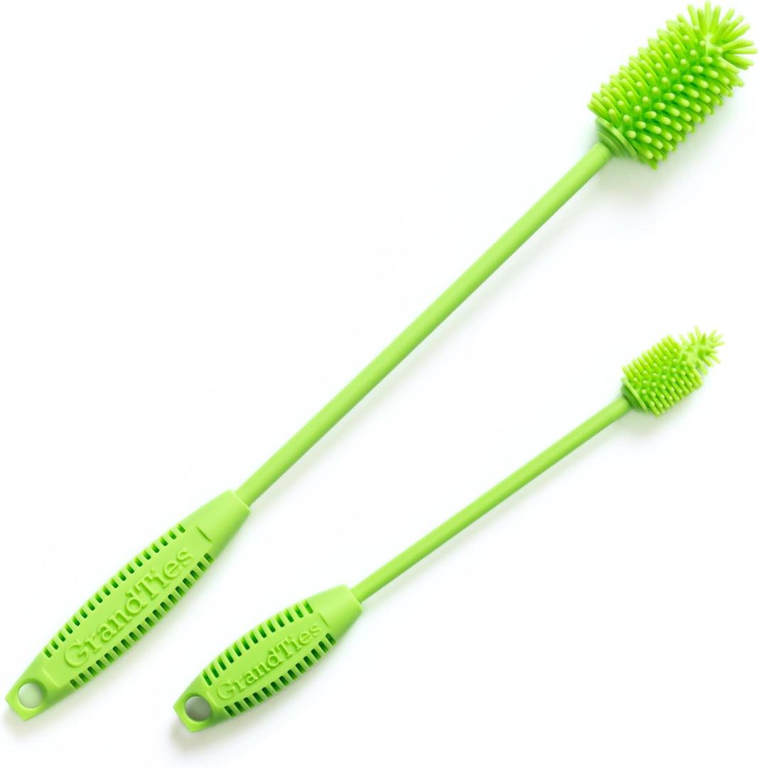 GrandTies Silicone Cleaning Brush Set | Extra Long Brush for Narrow Neck, Water Bottle, Cup, Mug, Blender, Tumbler, Hydro Flask, Baby Bottle, Wine Glass (Fresh Mint)