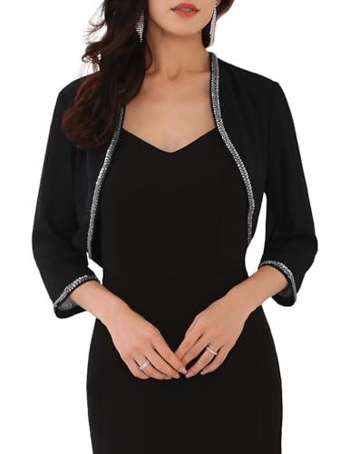 WOMLAYOUT Women's Evening Shrug Sequin Beaded Open Front Wedding Cocktail Formal Bolero Large Black L