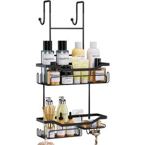HapiRm Hanging Shower Caddy Over the Door with Soap Holder, No Drilling Adhesive Shower Organizer with 11 Hooks, Rustproof & Waterproof 304 Stainless Steel Bathroom Shelves - Black (2-tier)