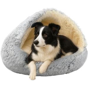 ShinHye Round Plush Fluffy Hooded Cat Bed Cave, Cozy for Indoor Cats or Small Dogs, Waterproof Bottom, Washable30 in (grey)