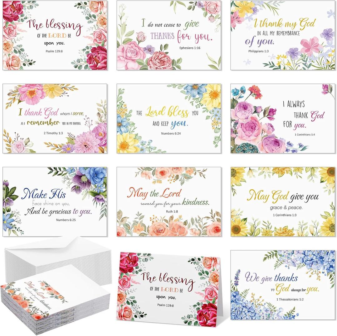 50 Pack Religious Christian Thank You Cards Bulk with Scripture and Envelopes Bible Verse Greeting Cards of Encouragement Inspirational Baptism Note Cards, 4 x 6 Inch(Watercolor Flower)