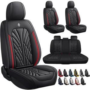Breathable Nappa Leather Car Seat Covers Universal Fit for Sedan SUV Auto Vehicle Seat Protector Cushions (Full Set 5 Seats,Black Red Line)
