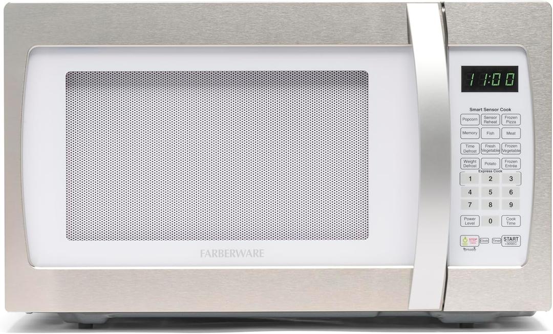 Farberware 1.3 Cu. Ft. Countertop Microwave Oven  1100 Watts Power, Smart Sensor Auto Cook Settings, Defrost, Easy Clean and Child Safety Lock - White Platinum