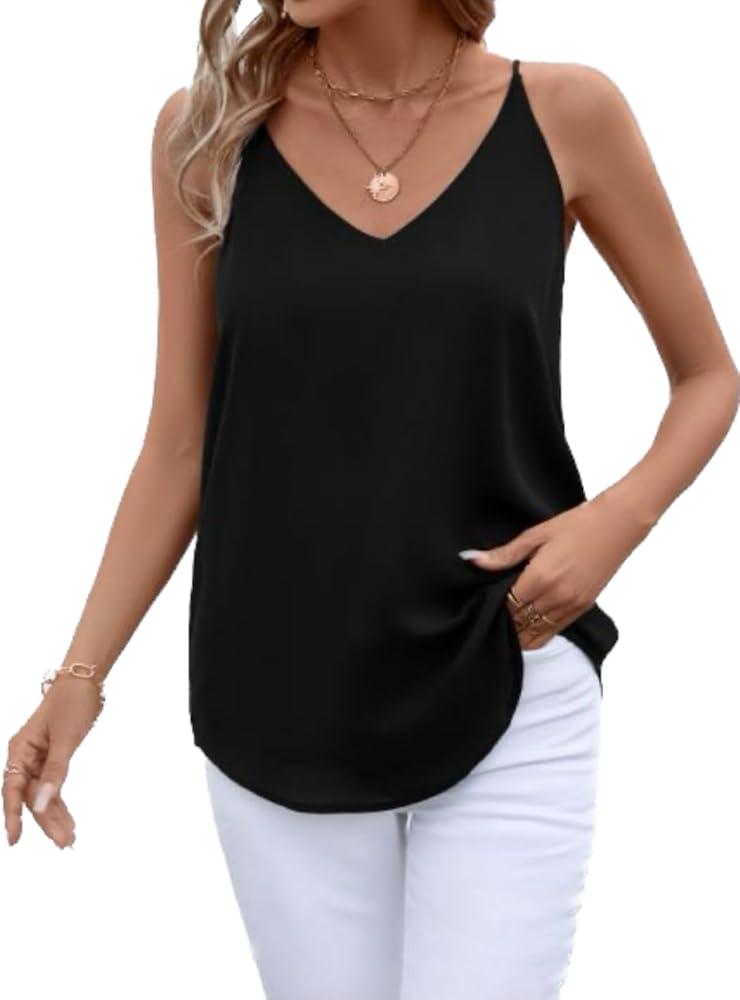 Women's V Neck Spaghetti Strap Cami Tank Top Black S